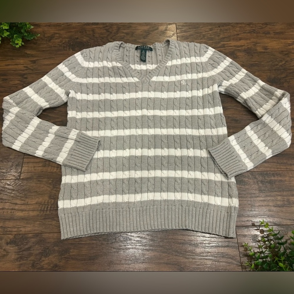 RALPH LAUREN 🍃EUC Preloved Cable Knit White Gray Women’s Sweater Long Sleeve Top